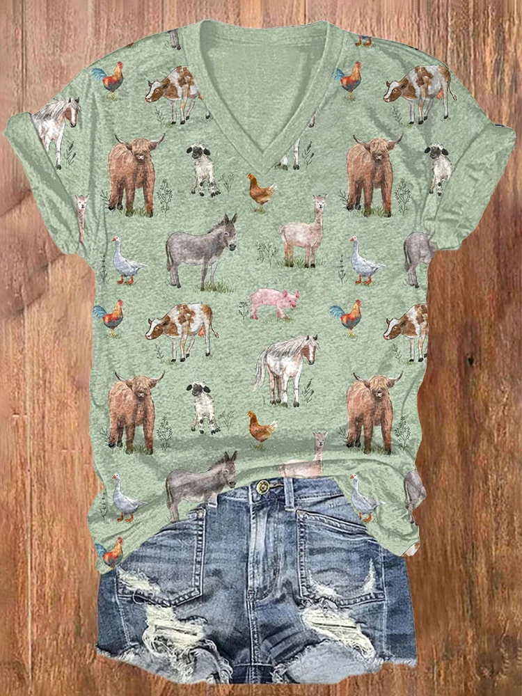 Farm Animals Print V-Neck Casual Cotton T-Shirt