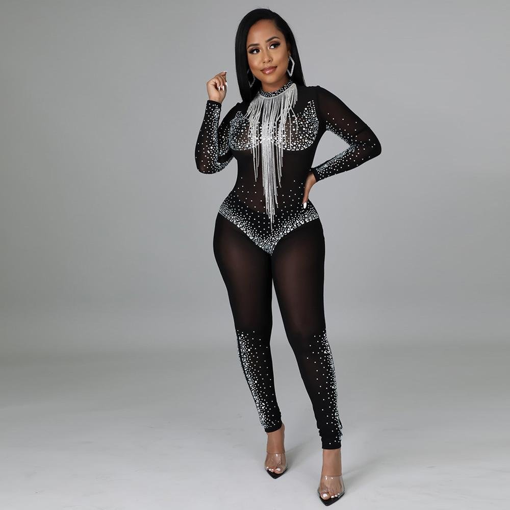 Sexy see-through mesh rhinestone jumpsuit-zachics
