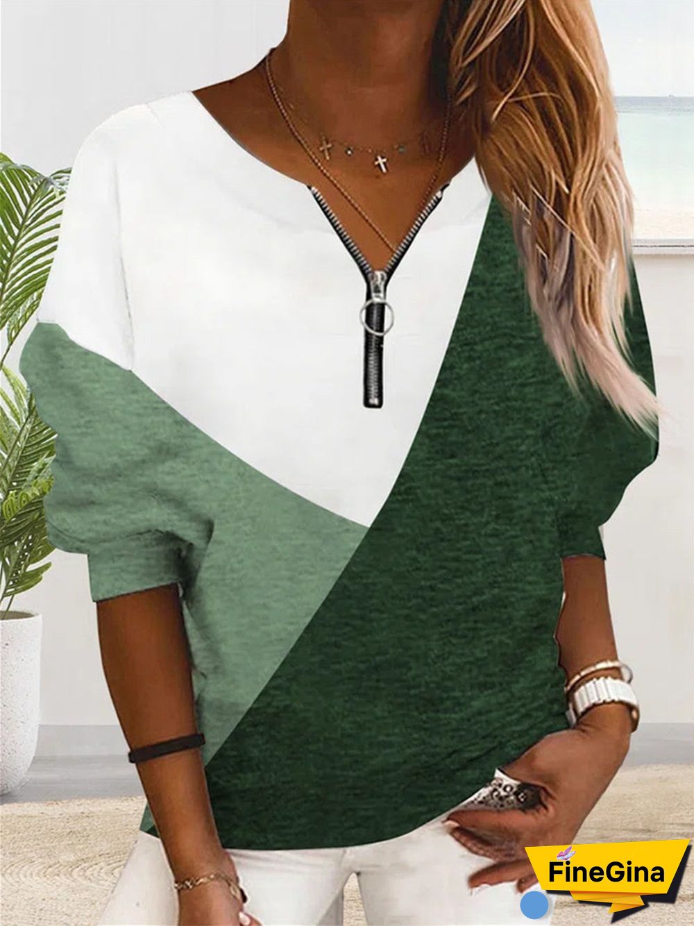 Women's Floral Long Sleeve V-Neck Colorblock Tops