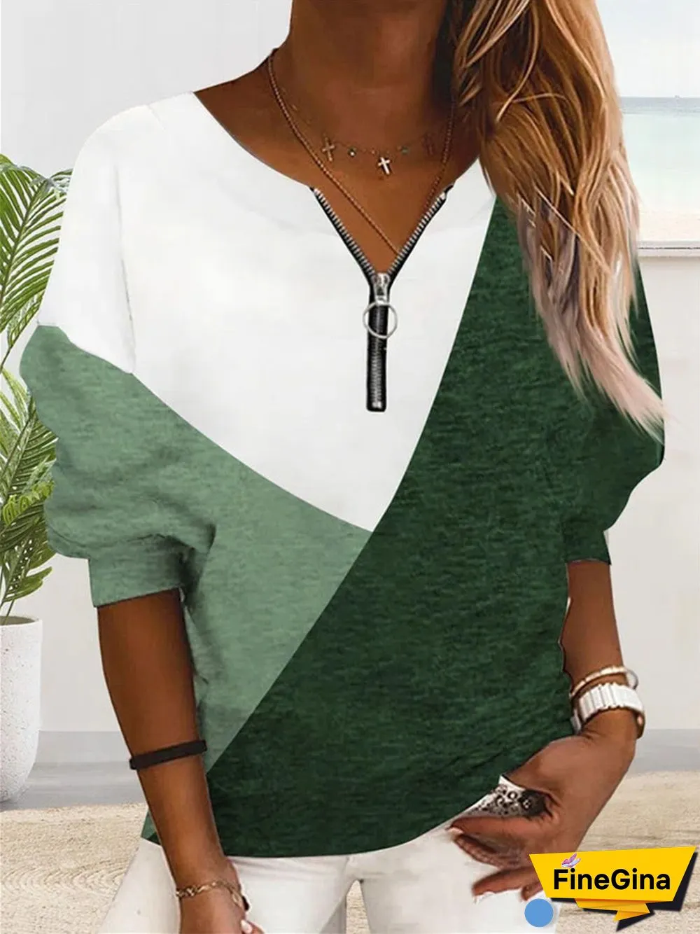 Women's Floral Long Sleeve V-Neck Colorblock Tops