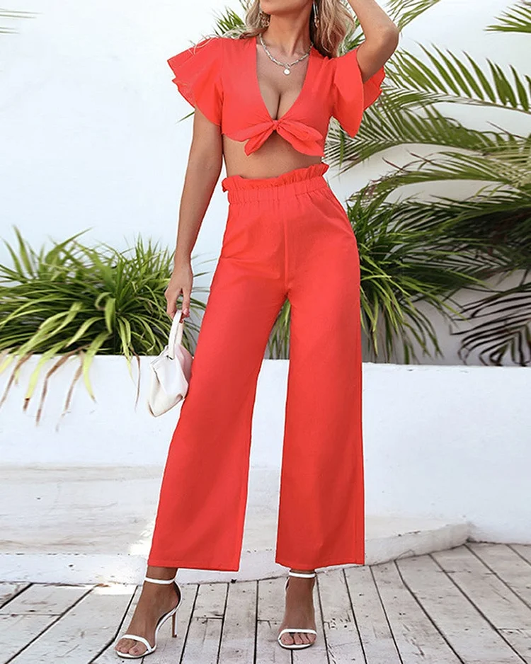 Two-piece Tie Blouse and Trousers Suit