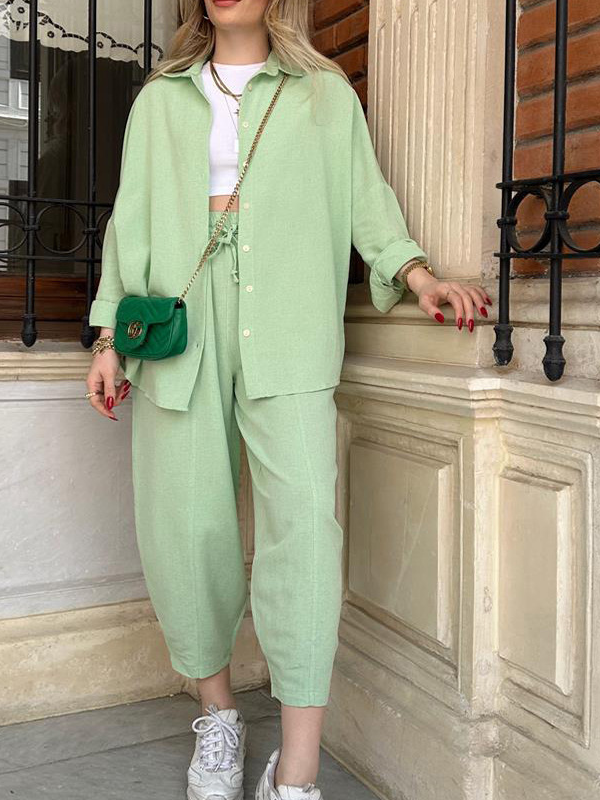 Women's Set Casual Two Piece Set Loose Solid Shirt Top and 7Point Pant