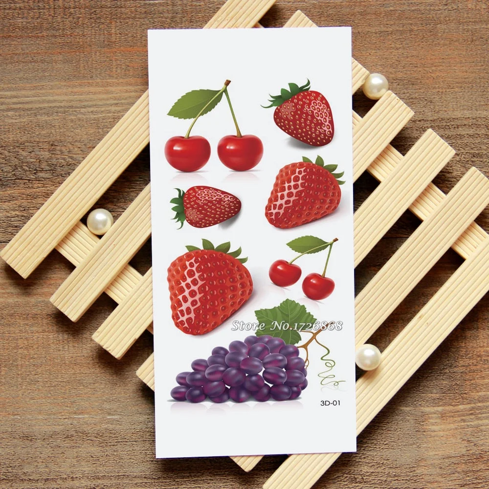 3D Strawberry Grapes Fruit Tattoo Decals Body Art Decal Strawberry Grapes Fruit Waterproof Paper Temporary Tattoo #001