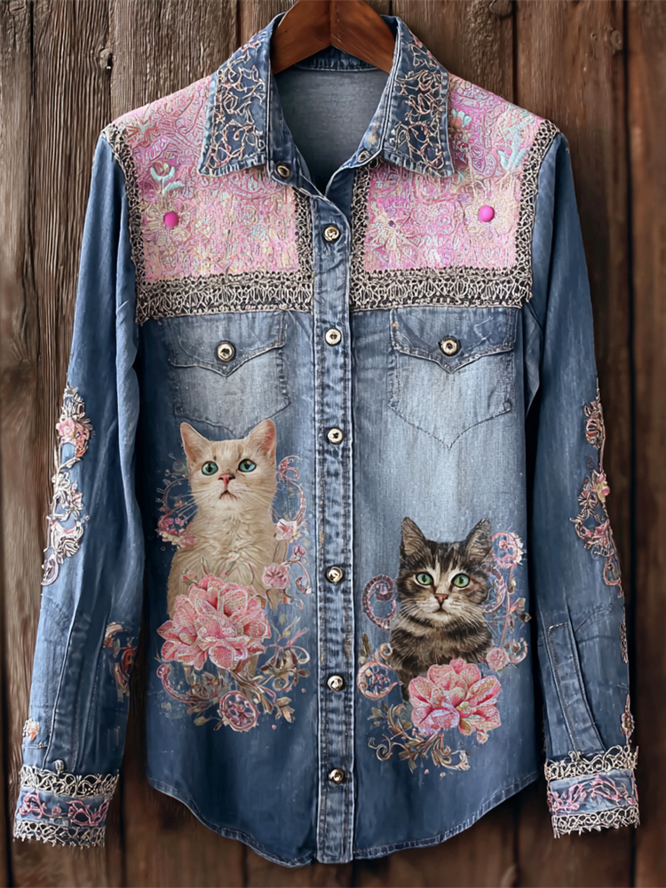 Boho Cat Floral Embroidered Lace Art Women's Long Sleeve Denim Shirt elevenforest