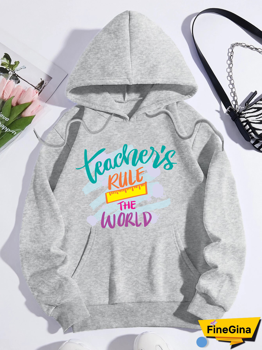 Printed on front Kangaroo Pocket Hoodie Long Sleeve for Women Pattern Teacher rule the world