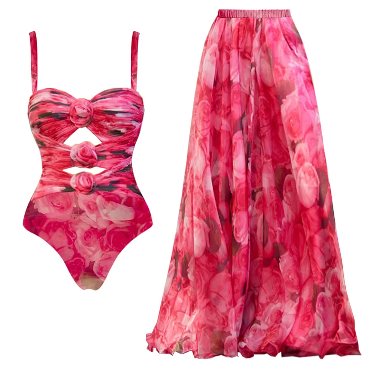 3D Flowers Cutout Floral One Piece Swimsuit and Skirt Flaxmaker