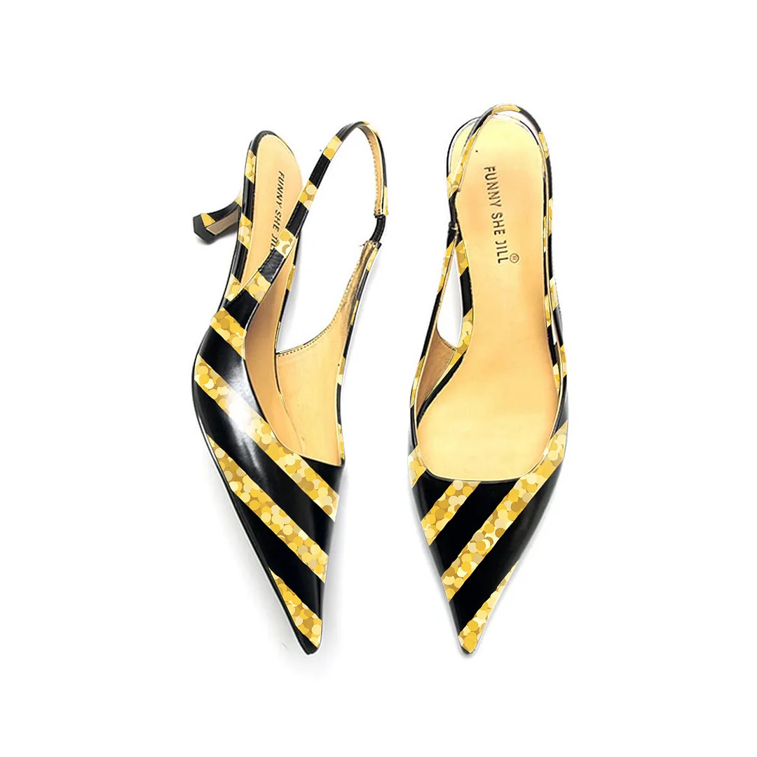 Black And Gold Stripes Patent Leather Pointed Toe Elegant Kitten Shoes 