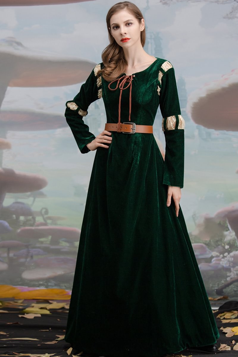 Medieval Green Retro Patchwork With Belt Maxi Dress