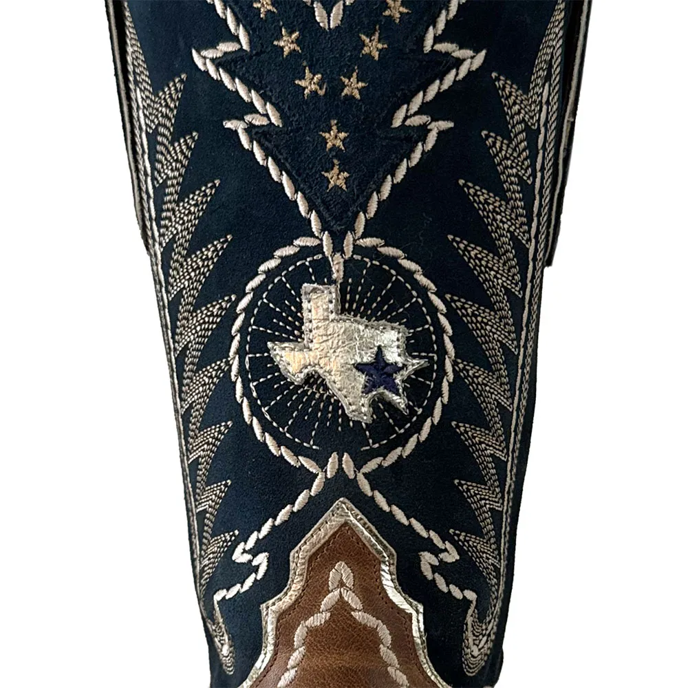 Brown & Navy Square Toe Stars Embroidered Cowgirl Mid-Calf Boots
