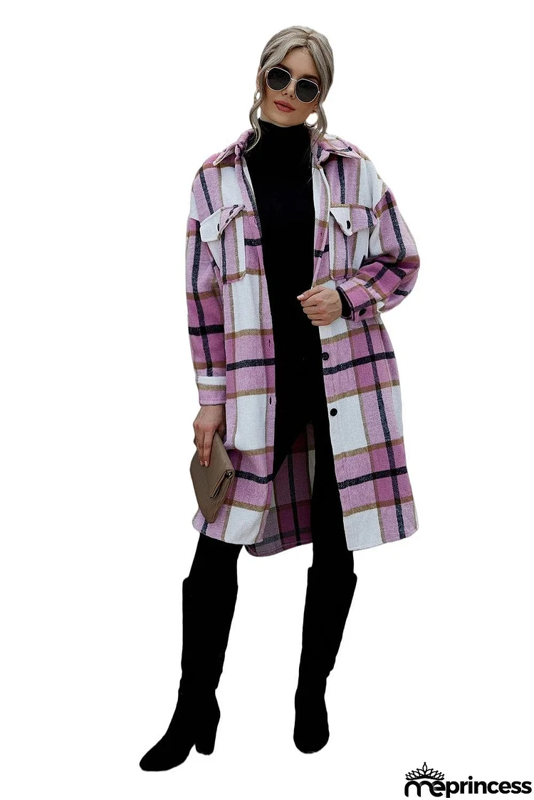 Khaki Turn-down Collar Pocket Button Plaid Coat