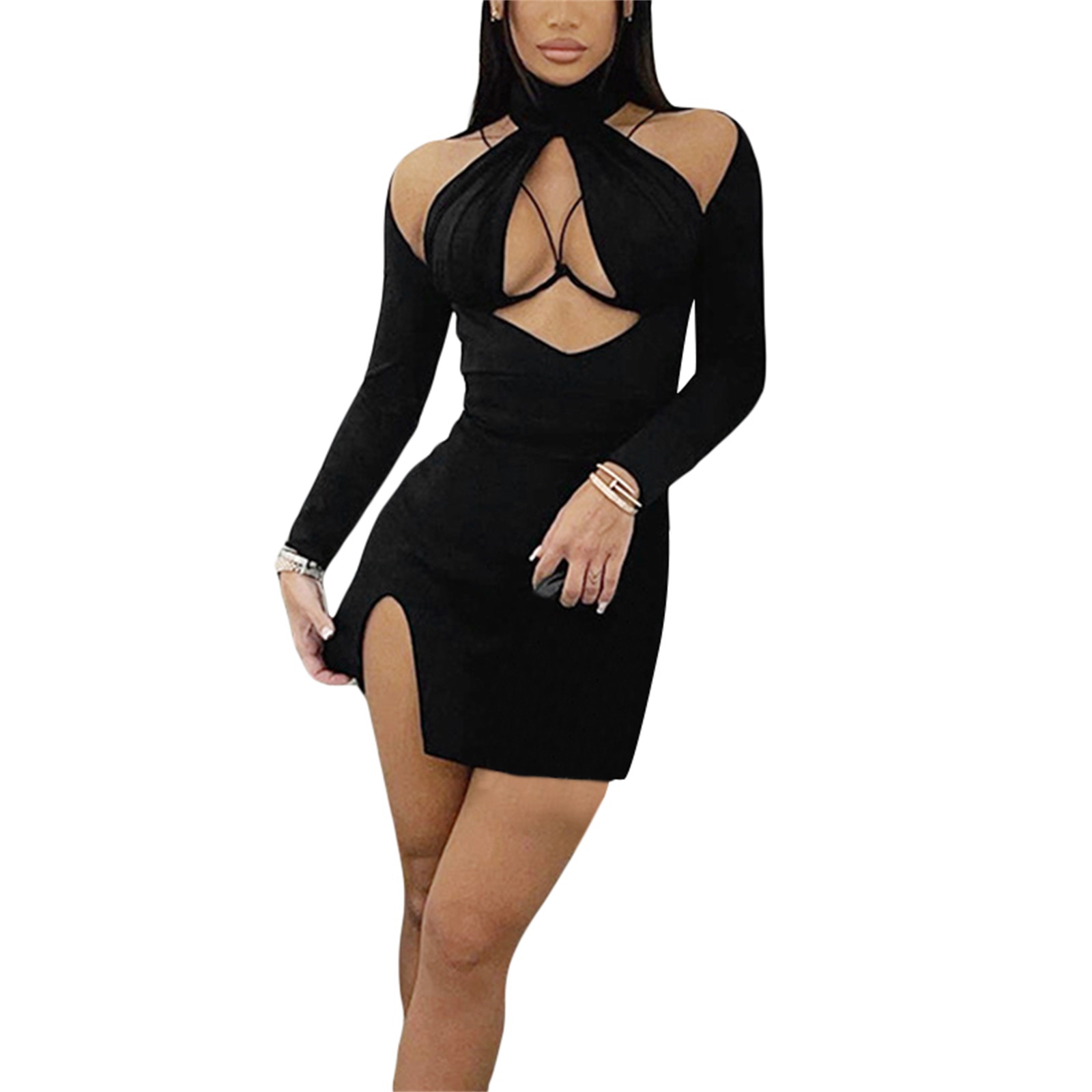 Tisones fancy dress code Women s Bodycon Mini Dress Long Sleeve Mock Neck Hollow Out Split Hem Short Dress Dresses