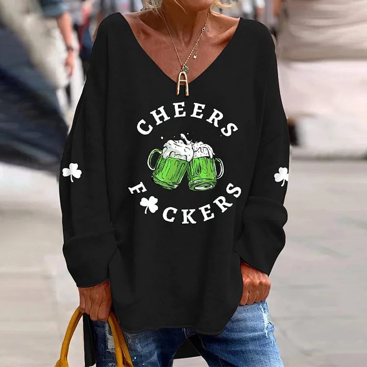 VChics Women'S Funny St. Patrick'S Day Cheers Green Beer Shamrock Print V-Neck T-Shirt