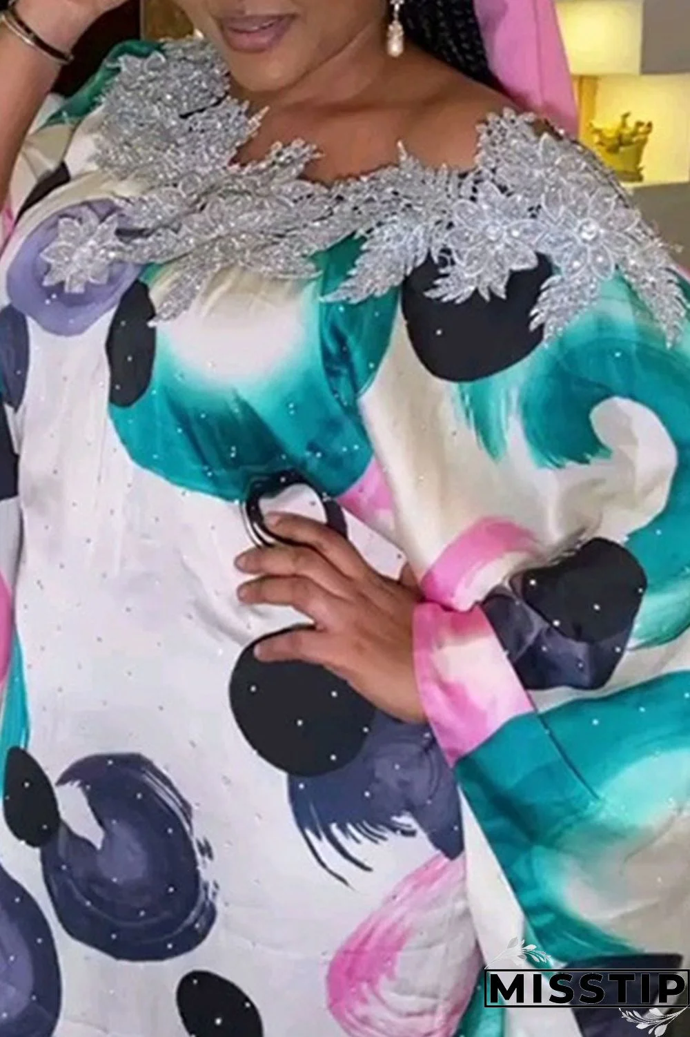 Multicolor Casual Print Patchwork Appliques O Neck Straight Plus Size Dresses