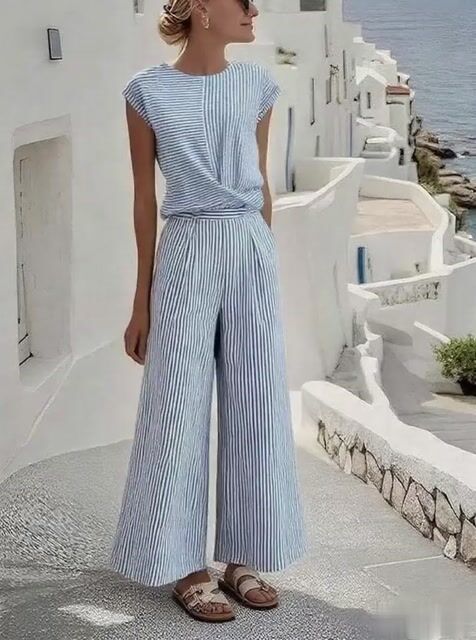 Women's Casual Round Neck Striped Printed Trousers Two-Piece Set 