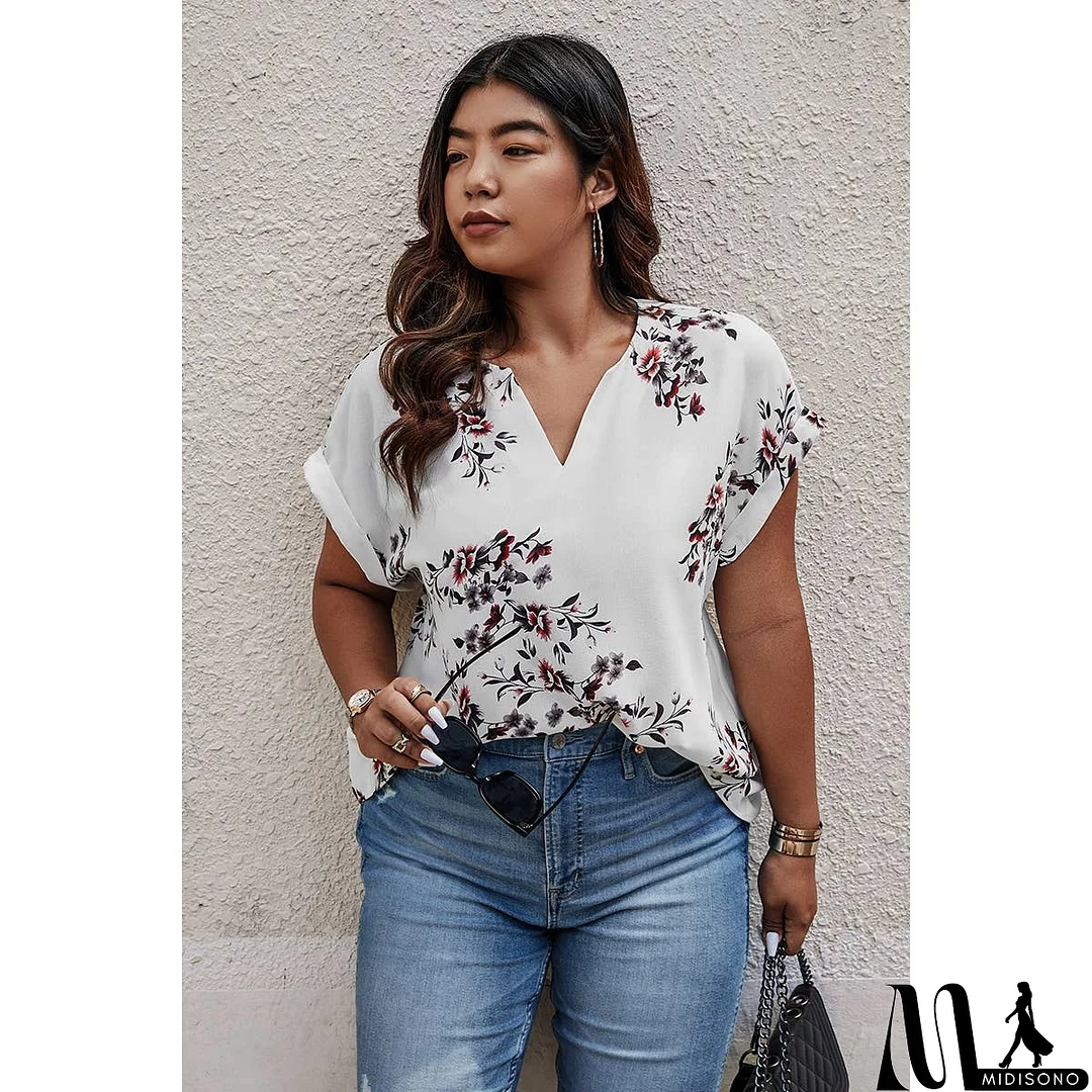 MidiSono - Plus Size Floral Print V Neck Loose Blouse