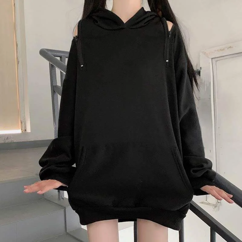 Casual Comfy Black Harajuku Gothic Zipper Off The Shoulder Oversized Hoodie SP15945