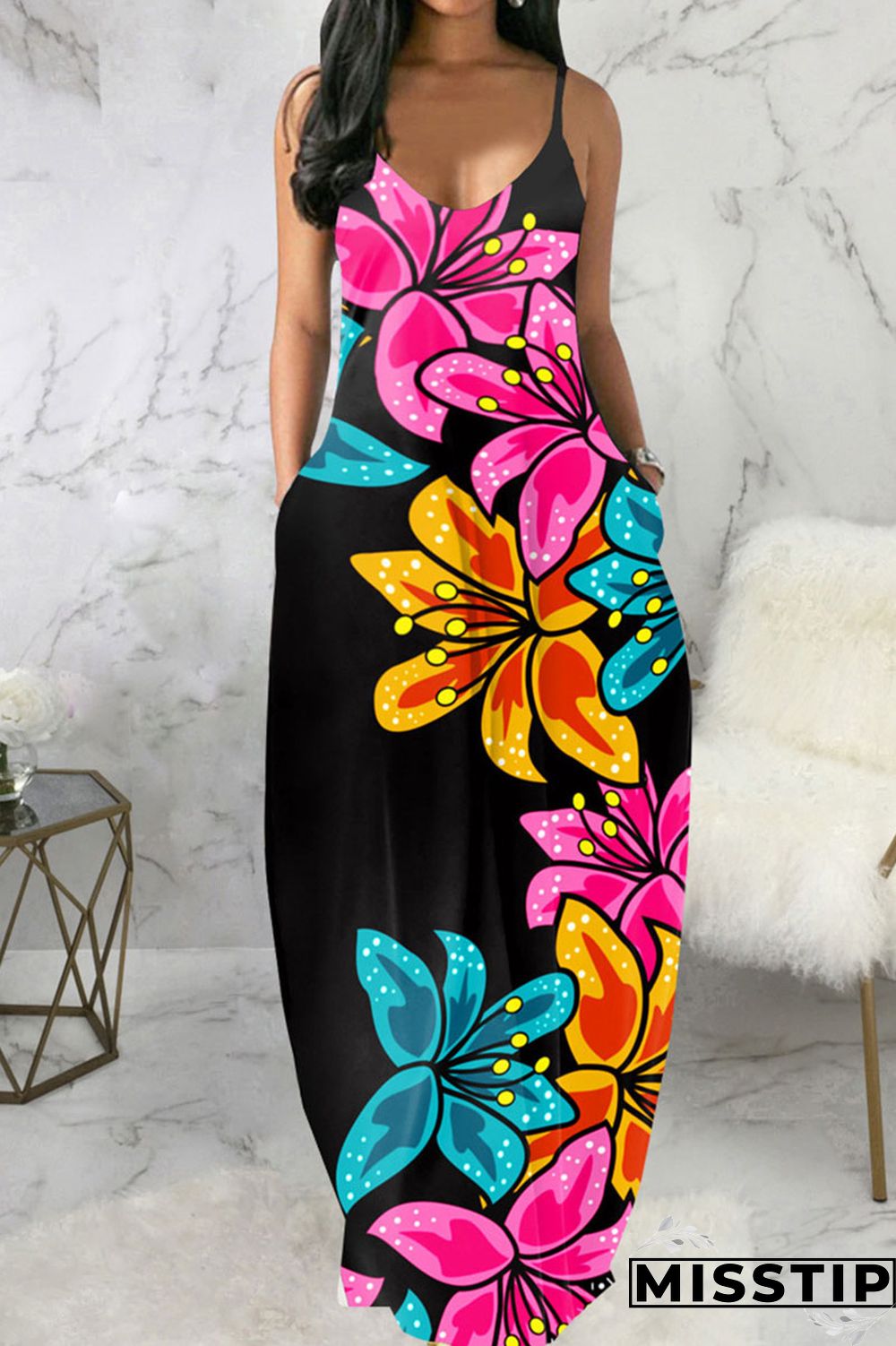 Blue Black Casual Print Patchwork Spaghetti Strap Sling Dress Dresses