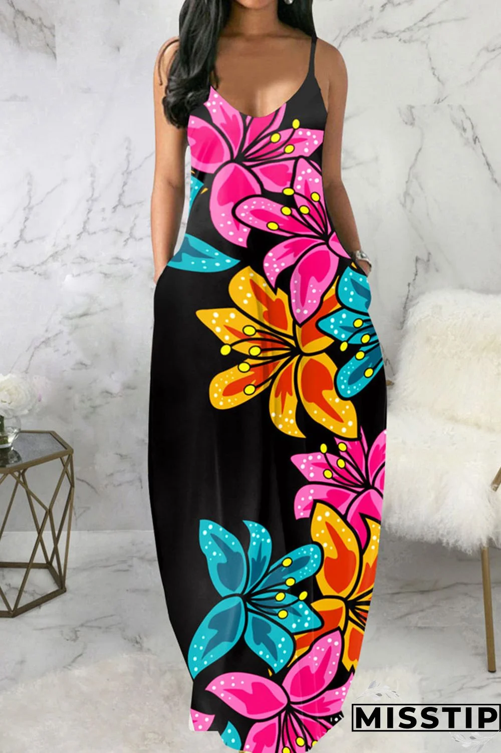 Blue Black Casual Print Patchwork Spaghetti Strap Sling Dress Dresses