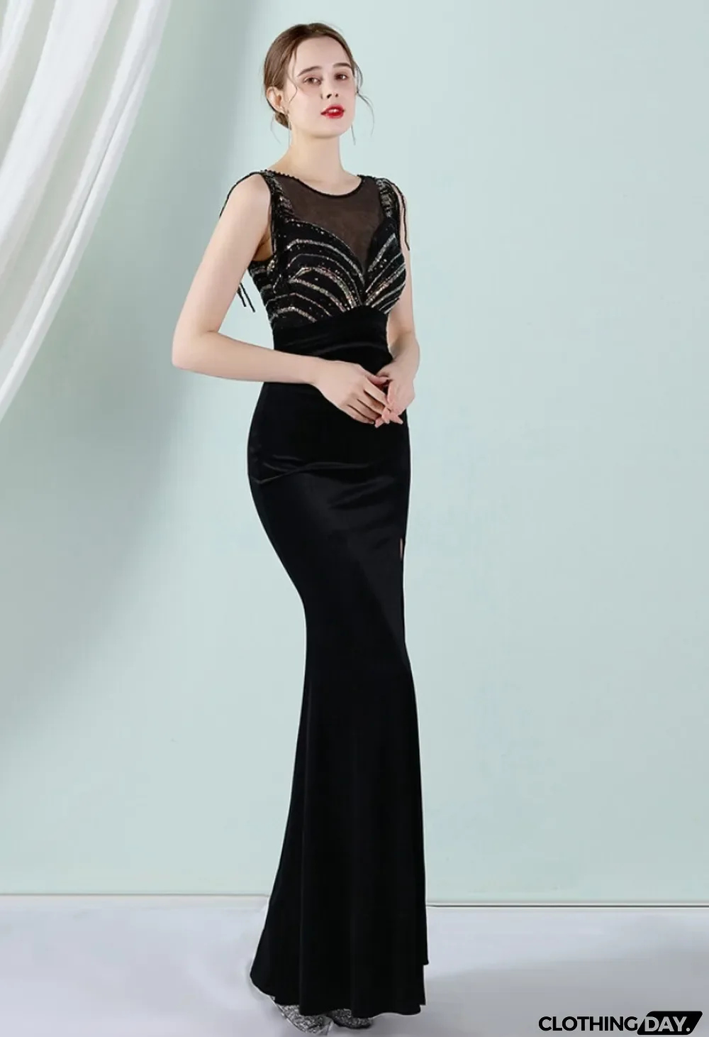 Women Summer Black Romantic O-Neck Sleeveless Patchwork Velvet Silt Fringed Evening Dress