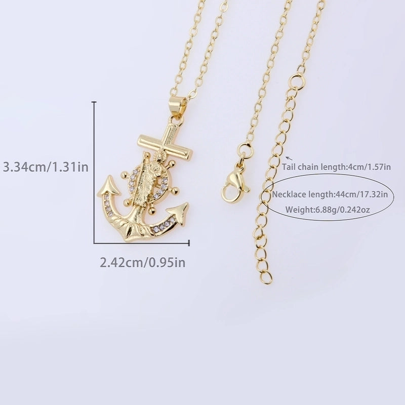 Copper 18K Gold Plated Marine Style Inlay Anchor Zircon Pendant Necklace