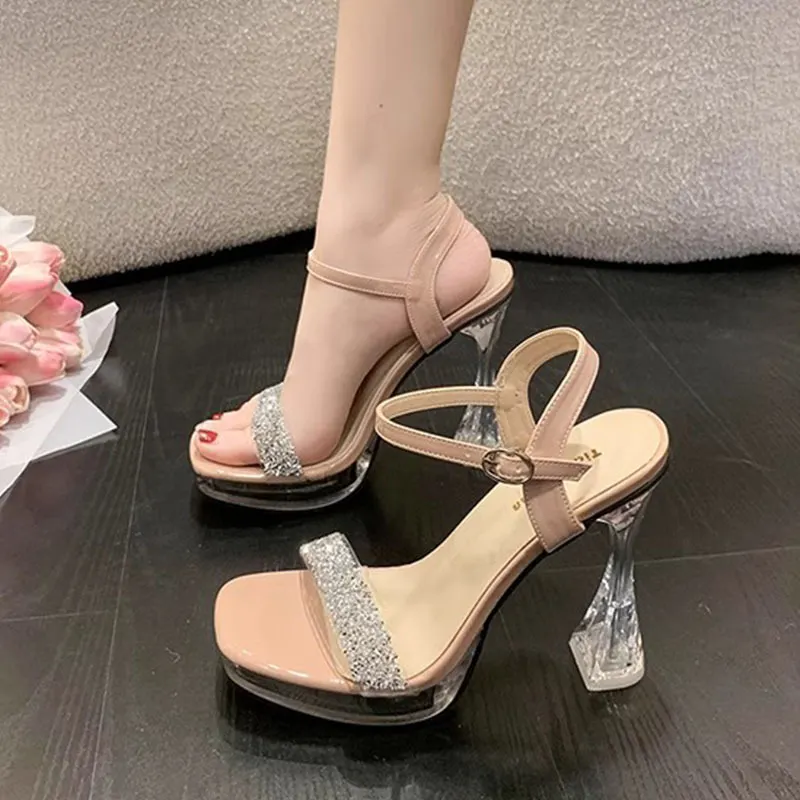 Breakj Breakj Temperament Crystal And Coarse Heel Sandals Women Ultra-High Heel Waterproof Counter Thick-Sing-Le-Soo Model Show Shoes