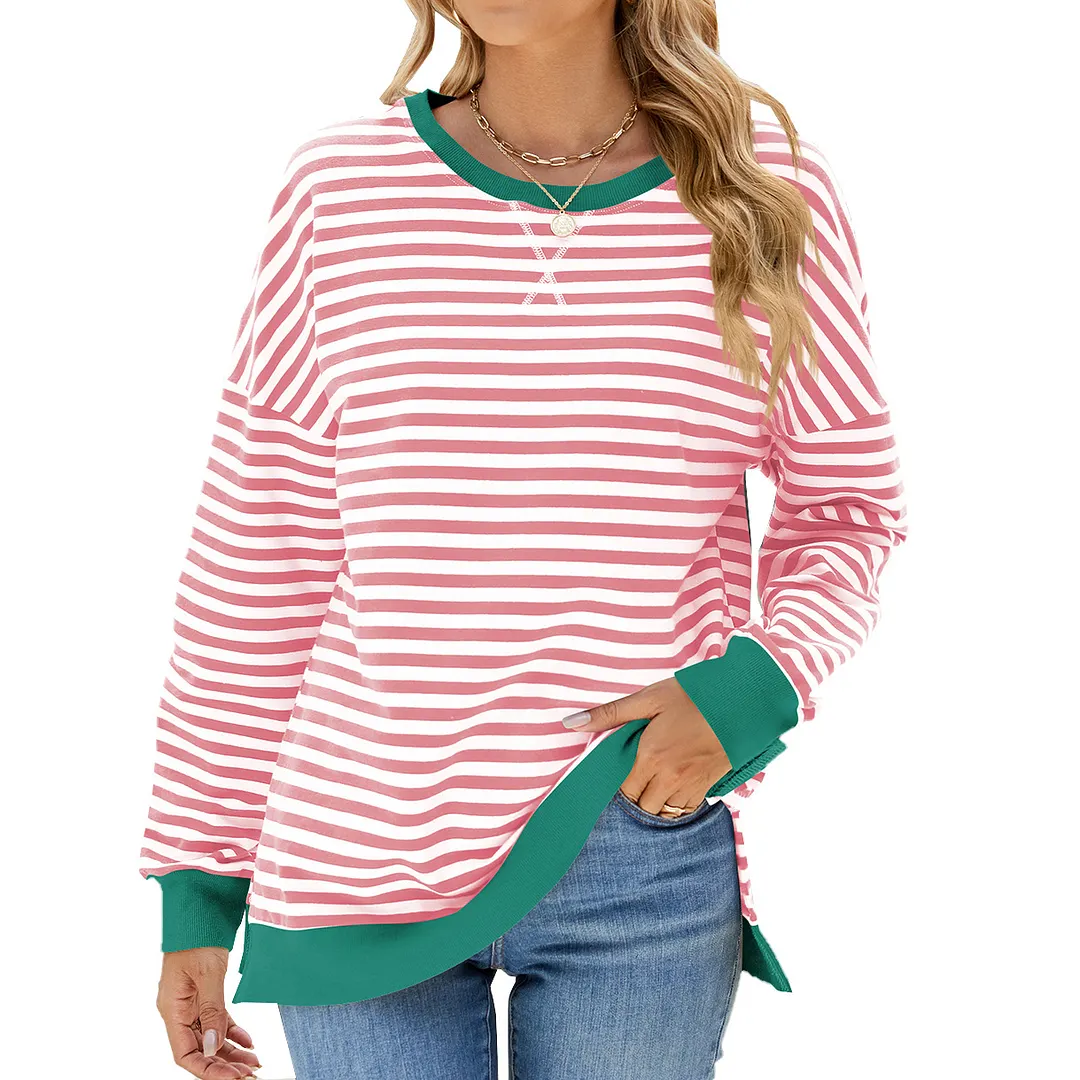 Churchf Churchf New 2024 Round Collar Stripe Splicing Split Loose Hoodie Top