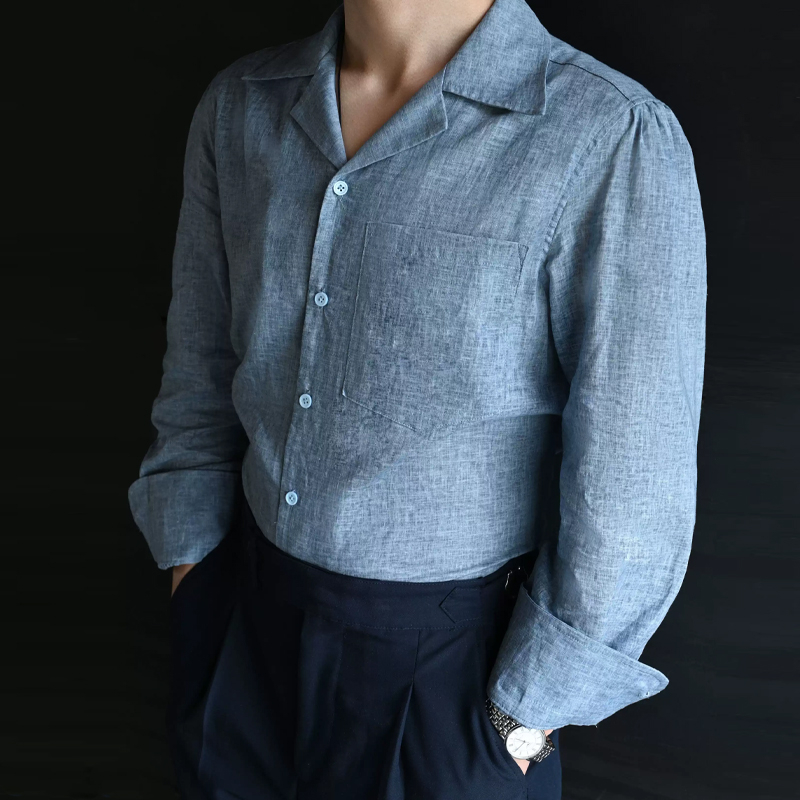 Men's Casual Cotton and Linen Cuban Collar Shirt