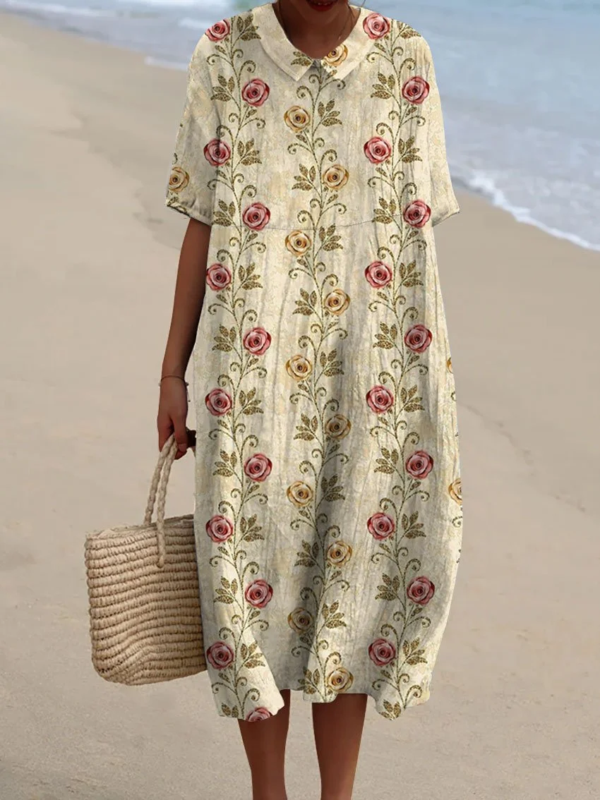 Women's Vintage Rose Print Pocket Linen Dress（Convertible Dress With Front And Back Option）