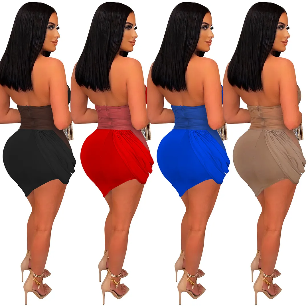 Churchf Churchf New Pure Color Mesh Gauze Perspective Wrapped Chest Wrinkles Irregular Short Dress Dress Female