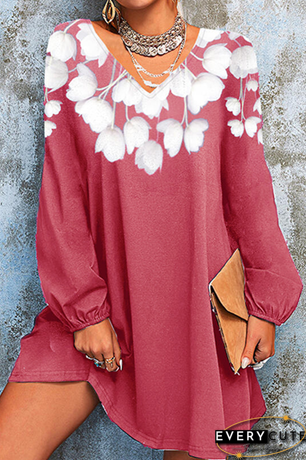 Casual Floral Split Joint  Contrast V Neck A Line Dresses