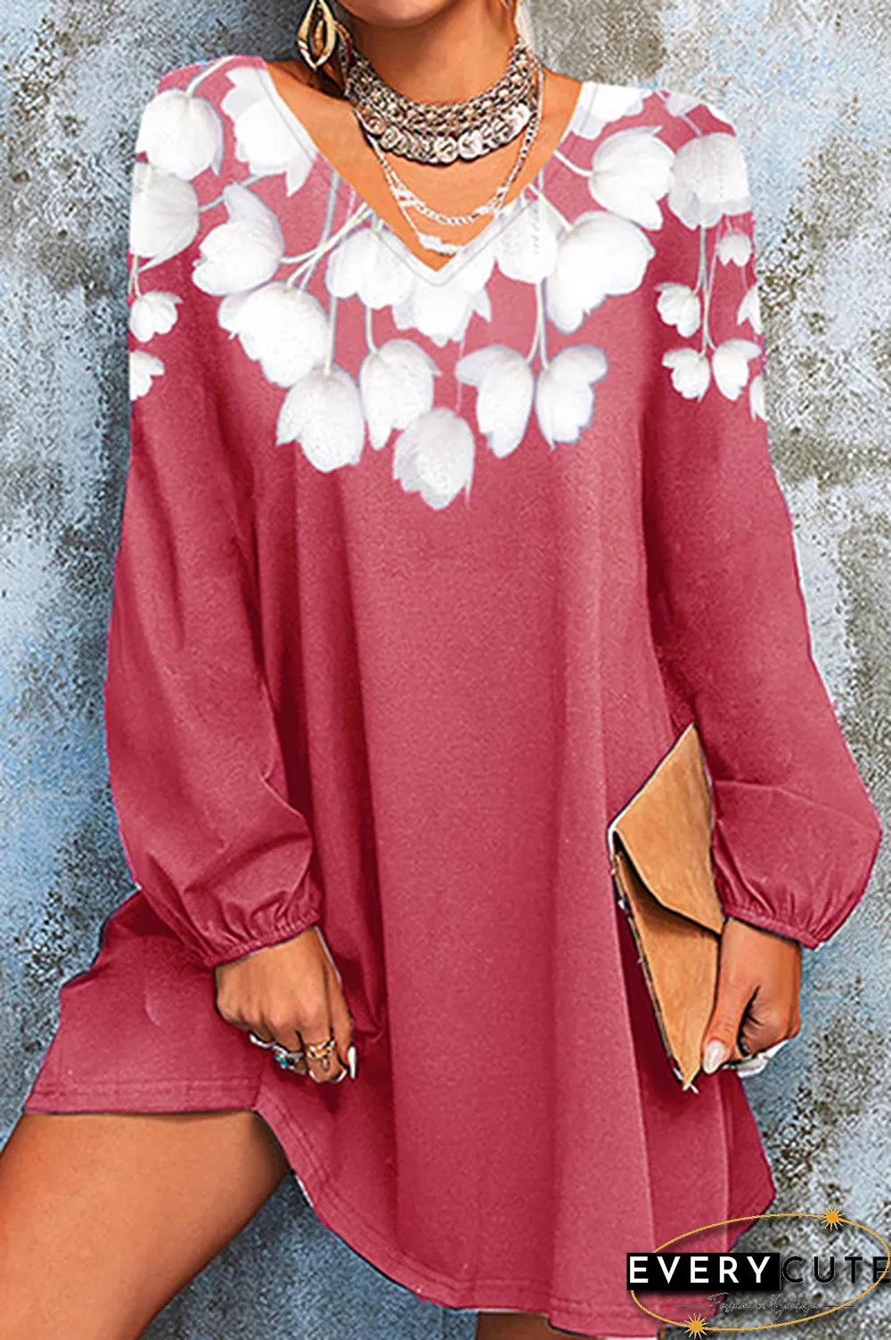 Casual Floral Split Joint  Contrast V Neck A Line Dresses