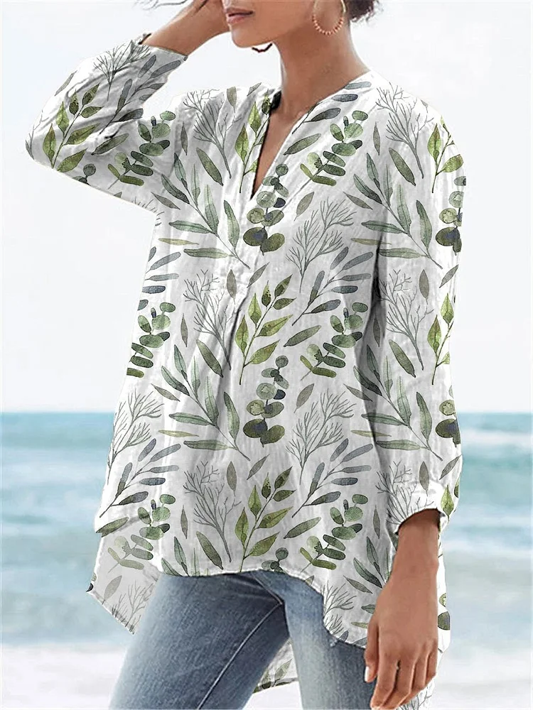 Watercolor Spring Lawn Pattern Printed Women's Casual Linen V-neck Shirt