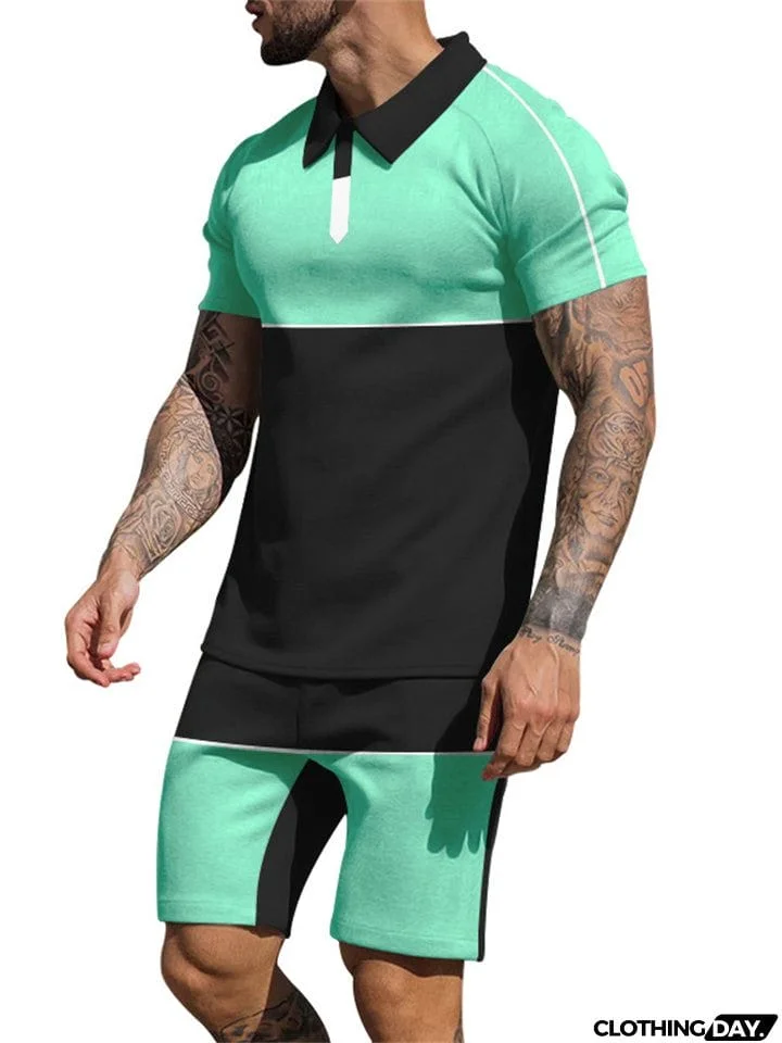 Contrasting Colors Patchwork Two Pieces Summer Sportswear Sets for Men