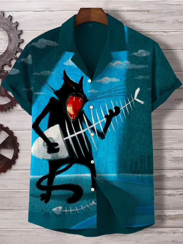 Men's Rock Black Cat Art Print Casual Linen Blend Shirt