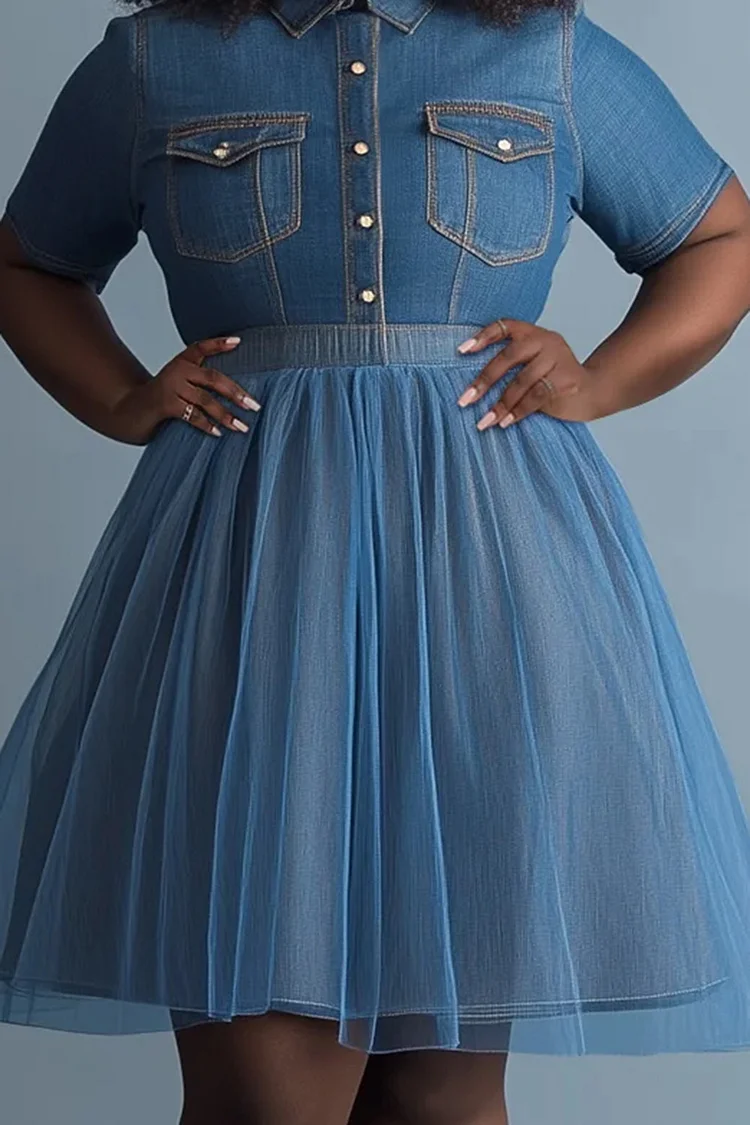 Xpluswear Design Plus Size Daily Blue Shirt Collar Short Sleeve Contrast Tulle Tencel Denim Mini Dresses