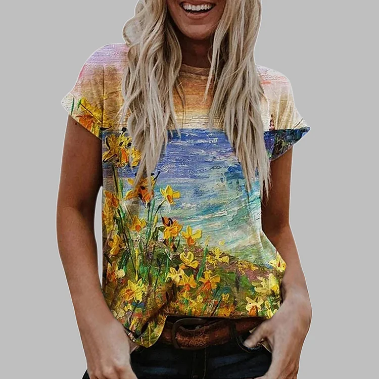 Casual Oil Painting Floral Print T-Shirt