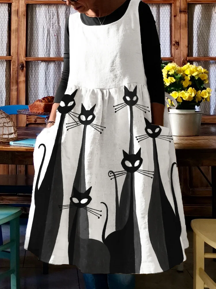 Black Cats Art Pinafore Midi Dress