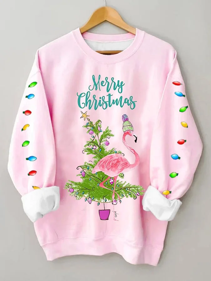 Women's Merry Christmas Flamingo Fun Print Casual Sweatshirt