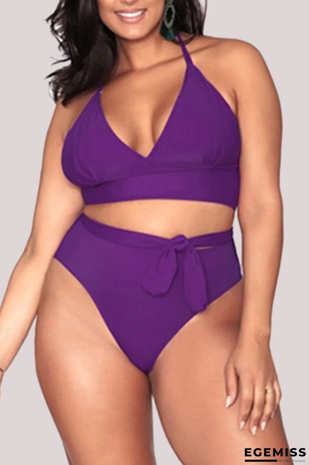 Purple Fashion Sexy V Neck Sleeveless Off The Shoulder Solid Plus Size Swimsuit | EGEMISS