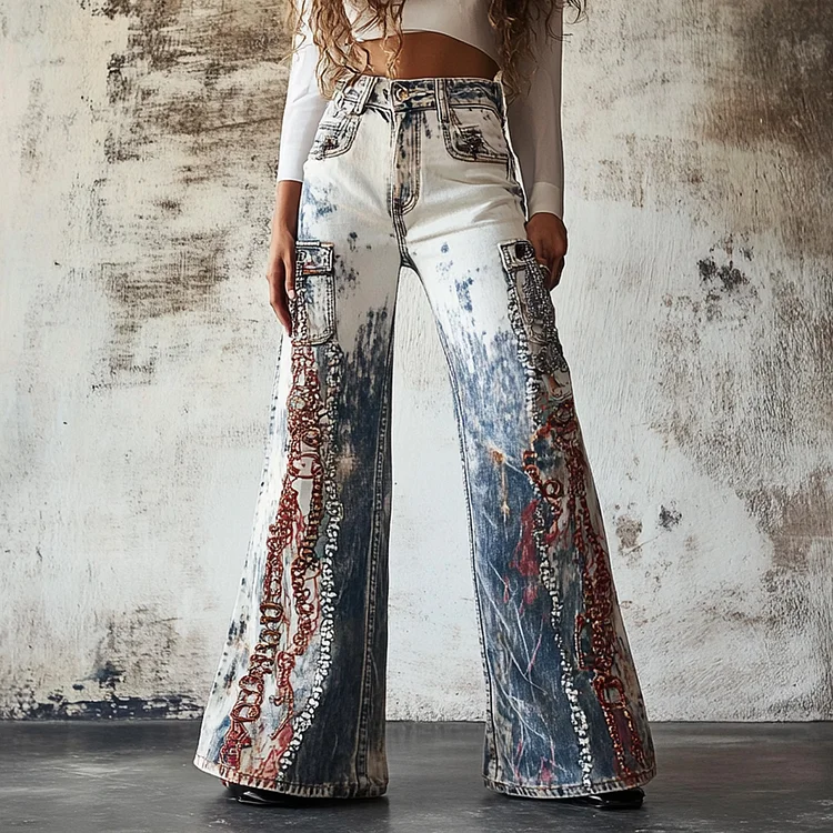 Vintage 90s Tie-dye Chain-decorated Denim Print Wide-leg Flared Trousers Casual Pants