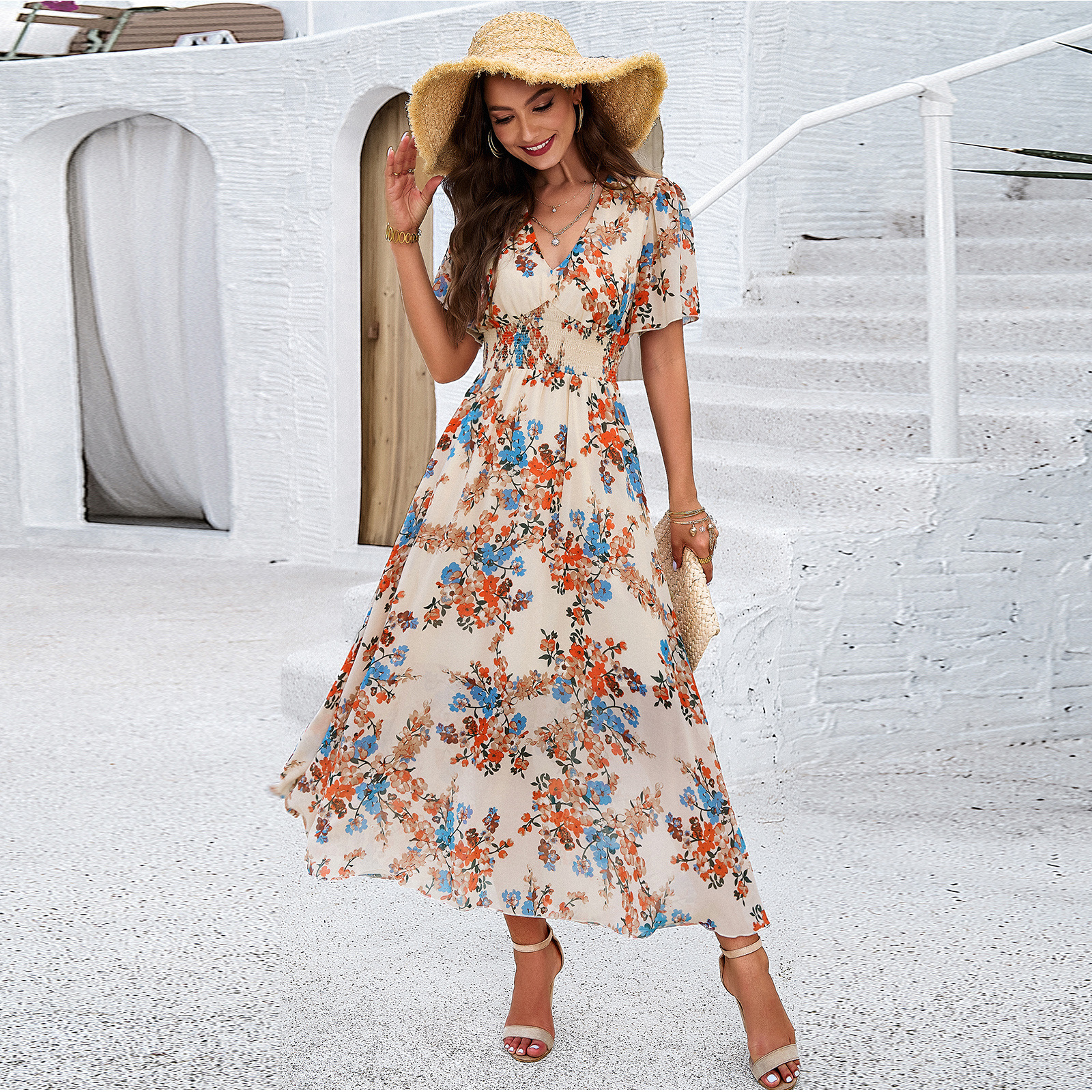 Mature Women's Printed Short Sleeve Summer Dress