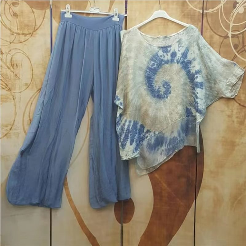 Two-piece Suit With Round Neck Printed Top And Wide Leg Pants