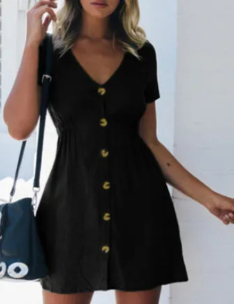 Uveng Street Hipster Solid Color V-neck Slim-fit Button High Waist Dress