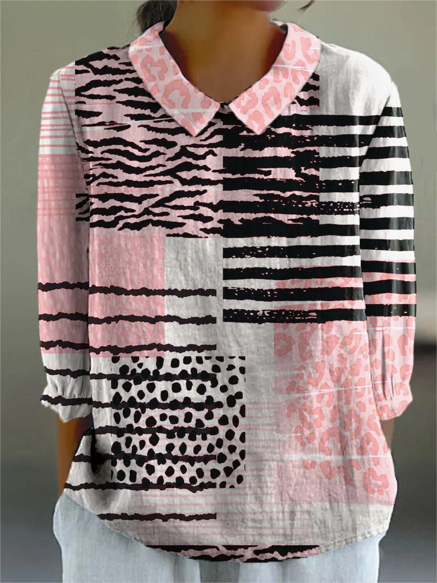 Women's Colorful Abstract Texture Art Print Casual Cotton And Linen 3/4 Sleeve Shirt