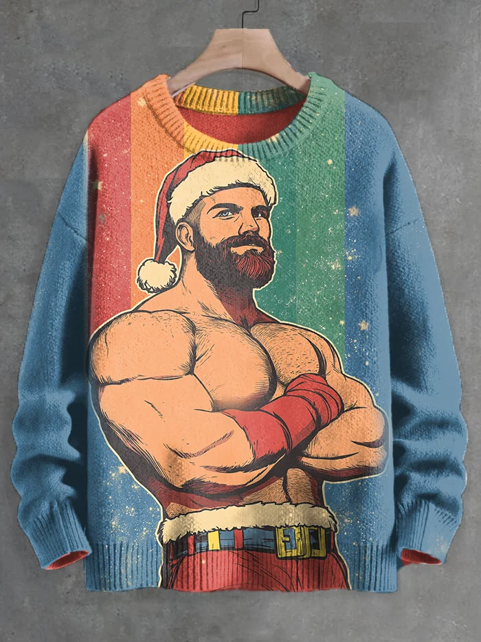 Men's Muscle Gay Santa Art Print Knit Sweatshirt