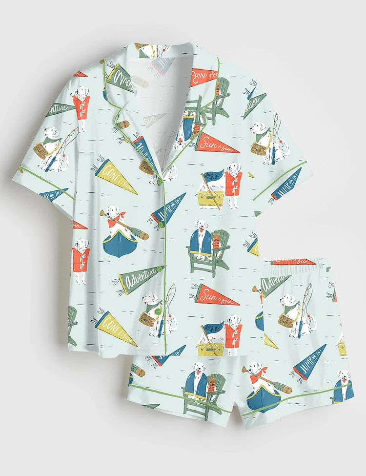 Women&rsquo;s Lake Life Dog Art Lakeside Summer Art Lake House Fishing Camp Canoeing Short Sleeve Satin Pajama Set