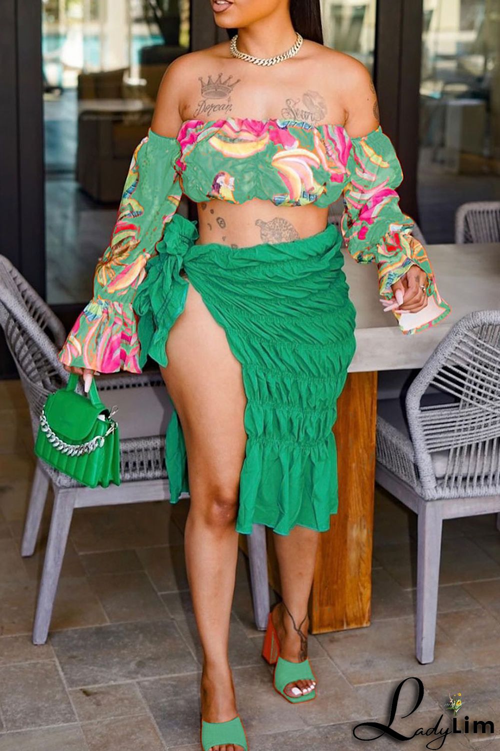 Orange Fashion Sexy Print Backless Slit Off the Shoulder Long Sleeve Two Pieces