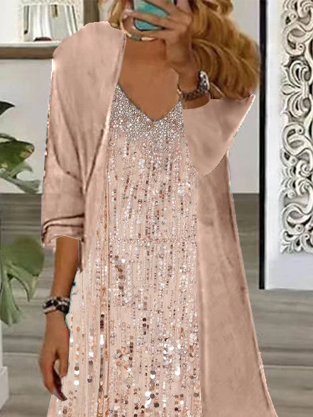 Women Half Sleeve V-neck Solid Color Dress