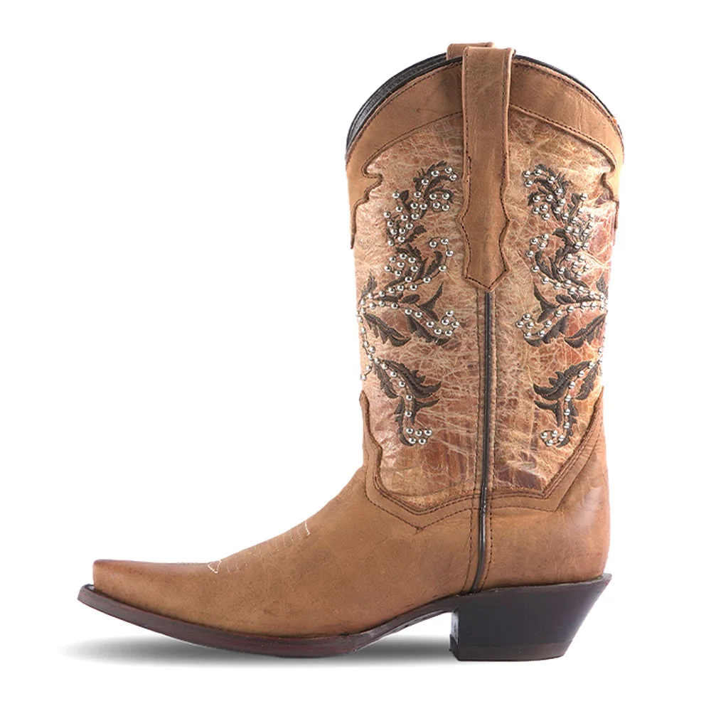 Brown Snip Toe Embroidered Chunky Heel Cowgirl Boots with Studs