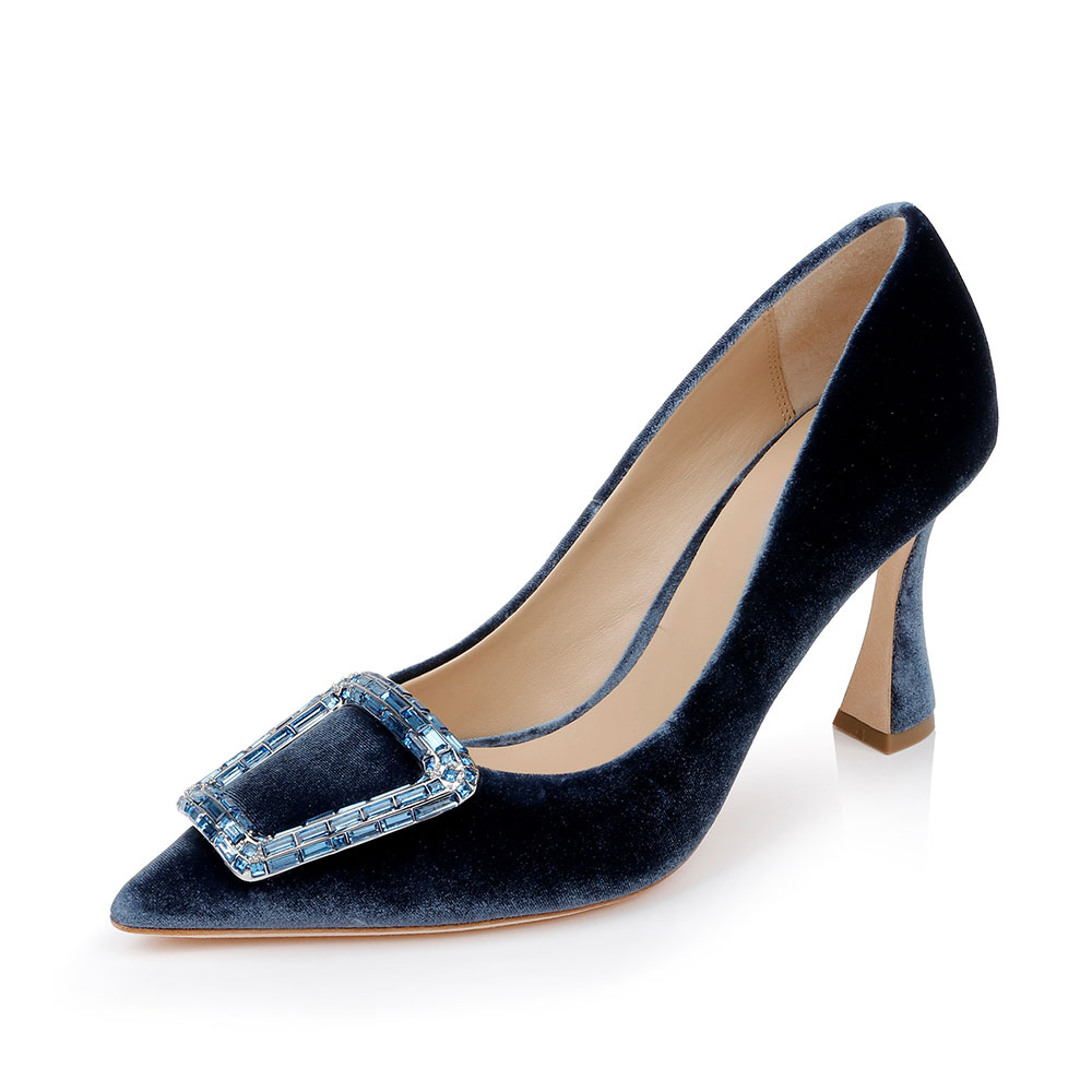 Navy Velvet Pointed Toe Flared Heel Pumps Shoes with Buckle Accent Nicepairs